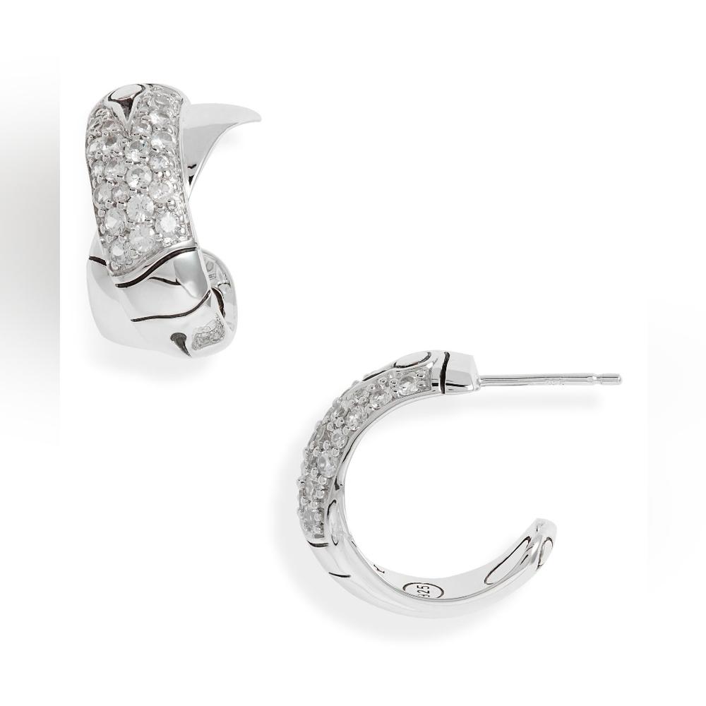 JOHN HARDY Sterling Silver Pave White Sapphire Bamboo Lava J-Hoop Earrings